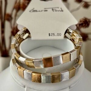 Laura Ford Double Gold & Silvertone Squares,stretch bracelet